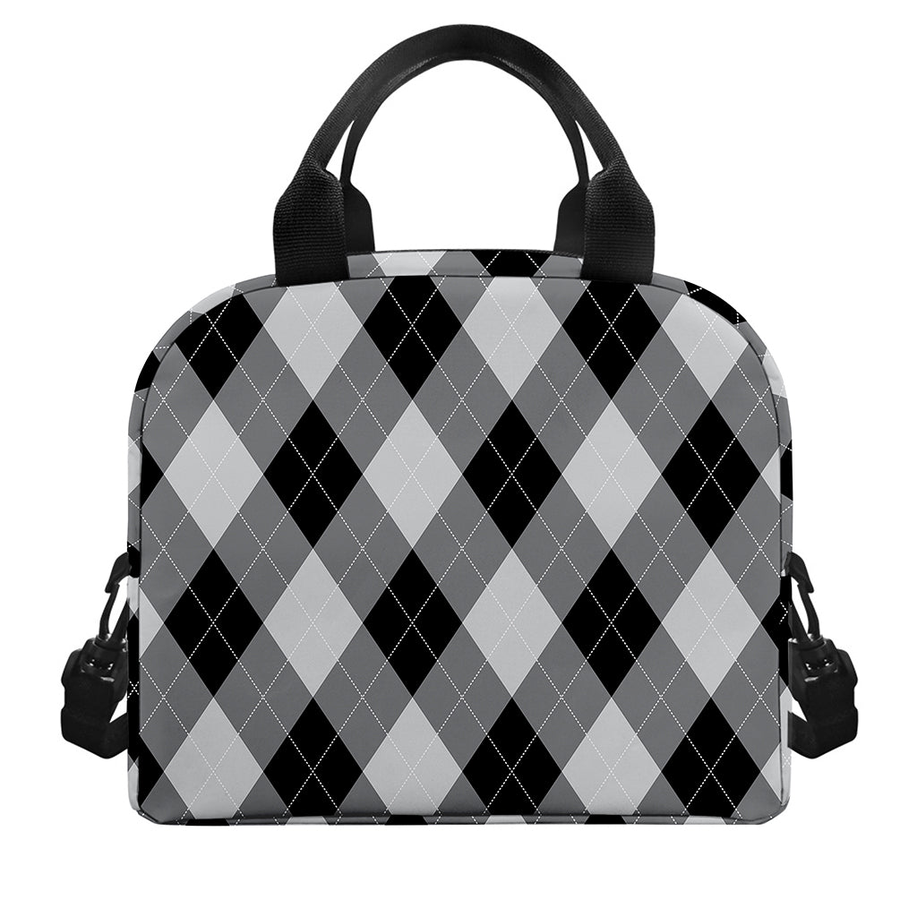 Grey And Black Argyle Pattern Print Insulated Lunch Bag