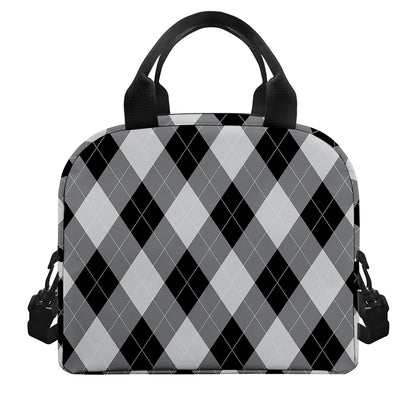 Grey And Black Argyle Pattern Print Insulated Lunch Bag