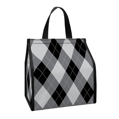 Grey And Black Argyle Pattern Print Insulated Lunch Tote