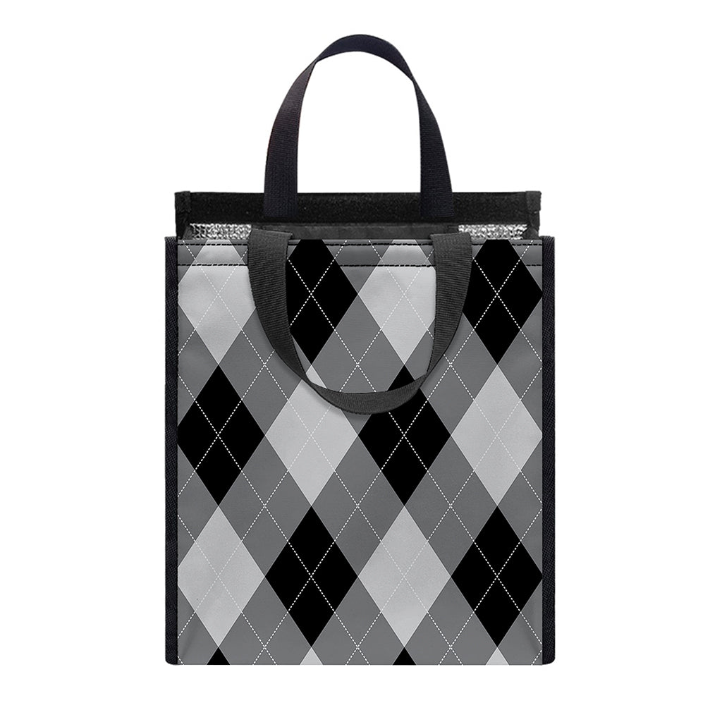 Grey And Black Argyle Pattern Print Insulated Lunch Tote