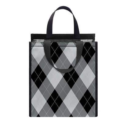 Grey And Black Argyle Pattern Print Insulated Lunch Tote