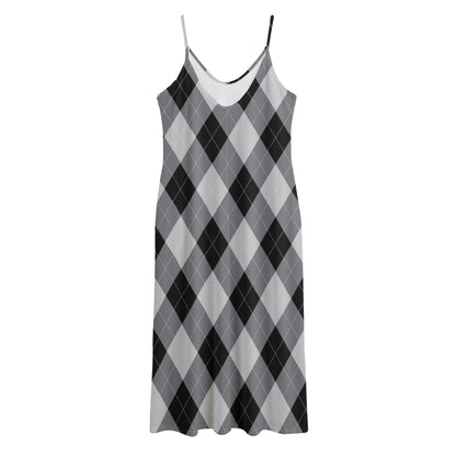 Grey And Black Argyle Pattern Print Jersey Midi Cami Dress