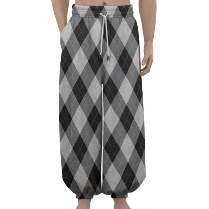 Grey And Black Argyle Pattern Print Lantern Pants