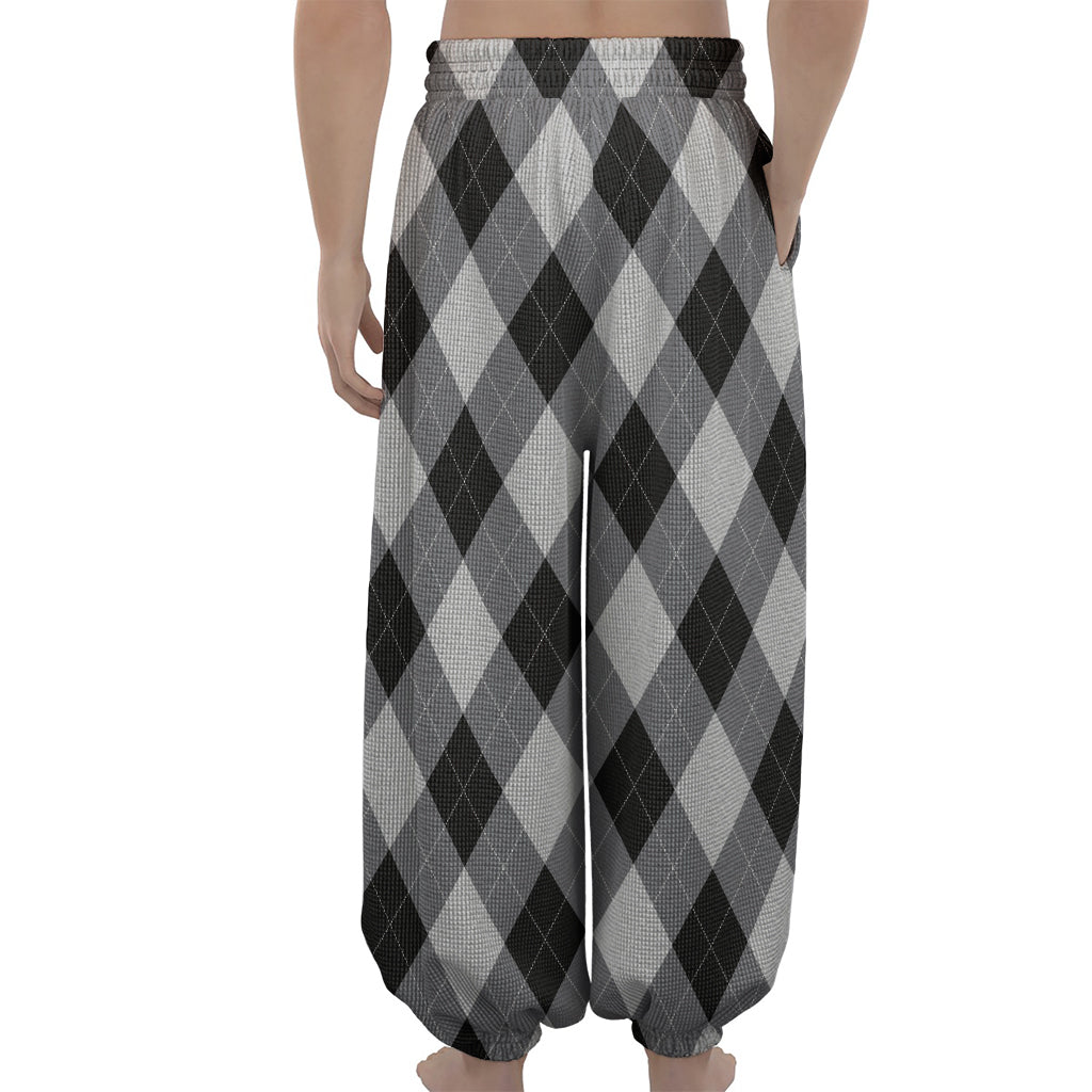 Grey And Black Argyle Pattern Print Lantern Pants