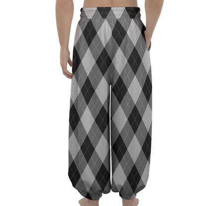 Grey And Black Argyle Pattern Print Lantern Pants