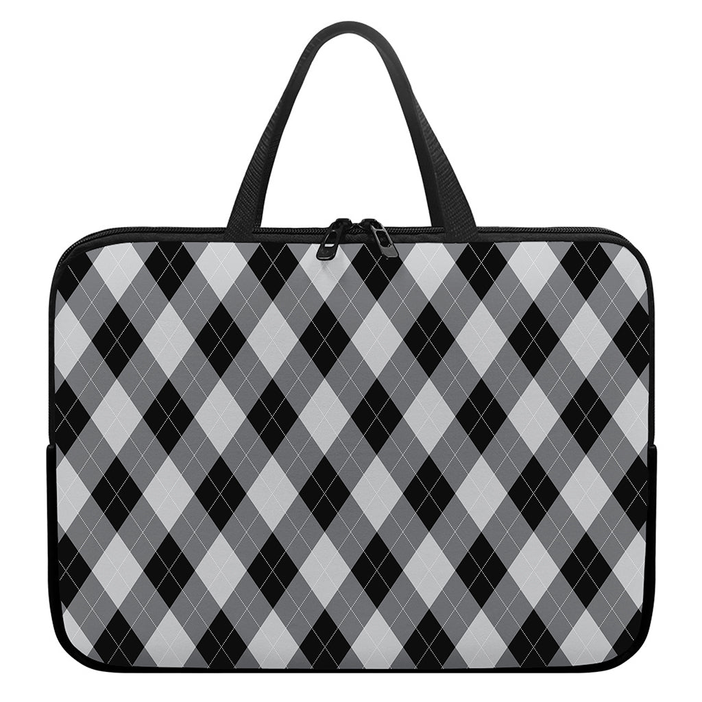Grey And Black Argyle Pattern Print Laptop Sleeve With Handle