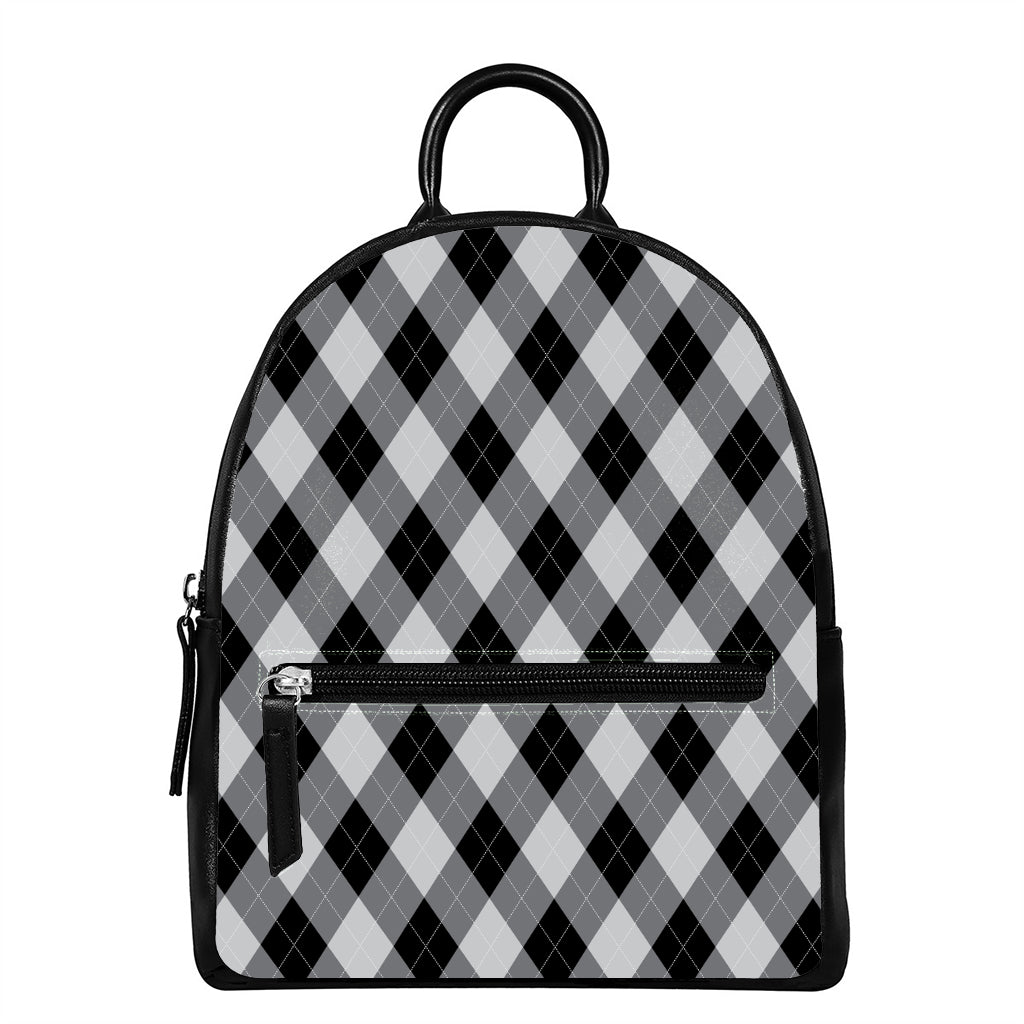 Grey And Black Argyle Pattern Print Leather Backpack
