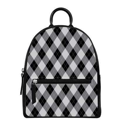 Grey And Black Argyle Pattern Print Leather Backpack