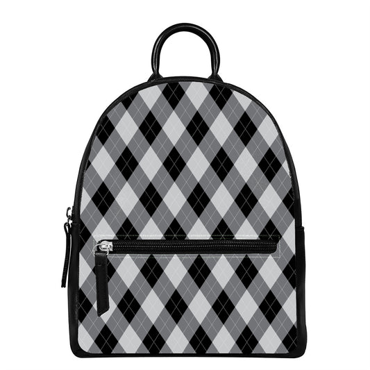 Grey And Black Argyle Pattern Print Leather Backpack
