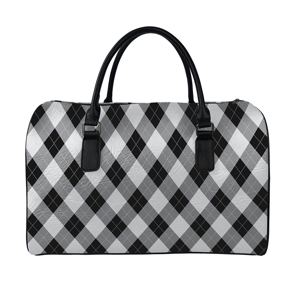 Grey And Black Argyle Pattern Print Leather Duffle Bag