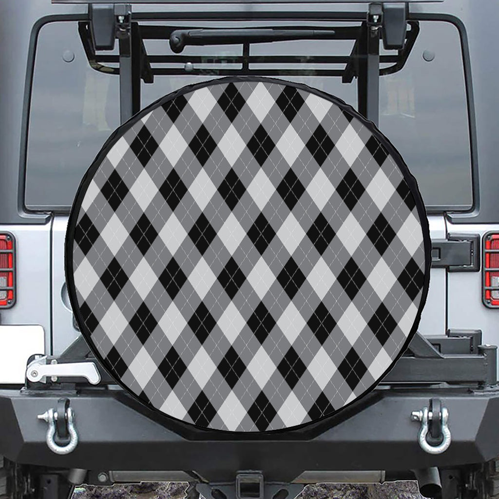 Grey And Black Argyle Pattern Print Leather Spare Tire Cover