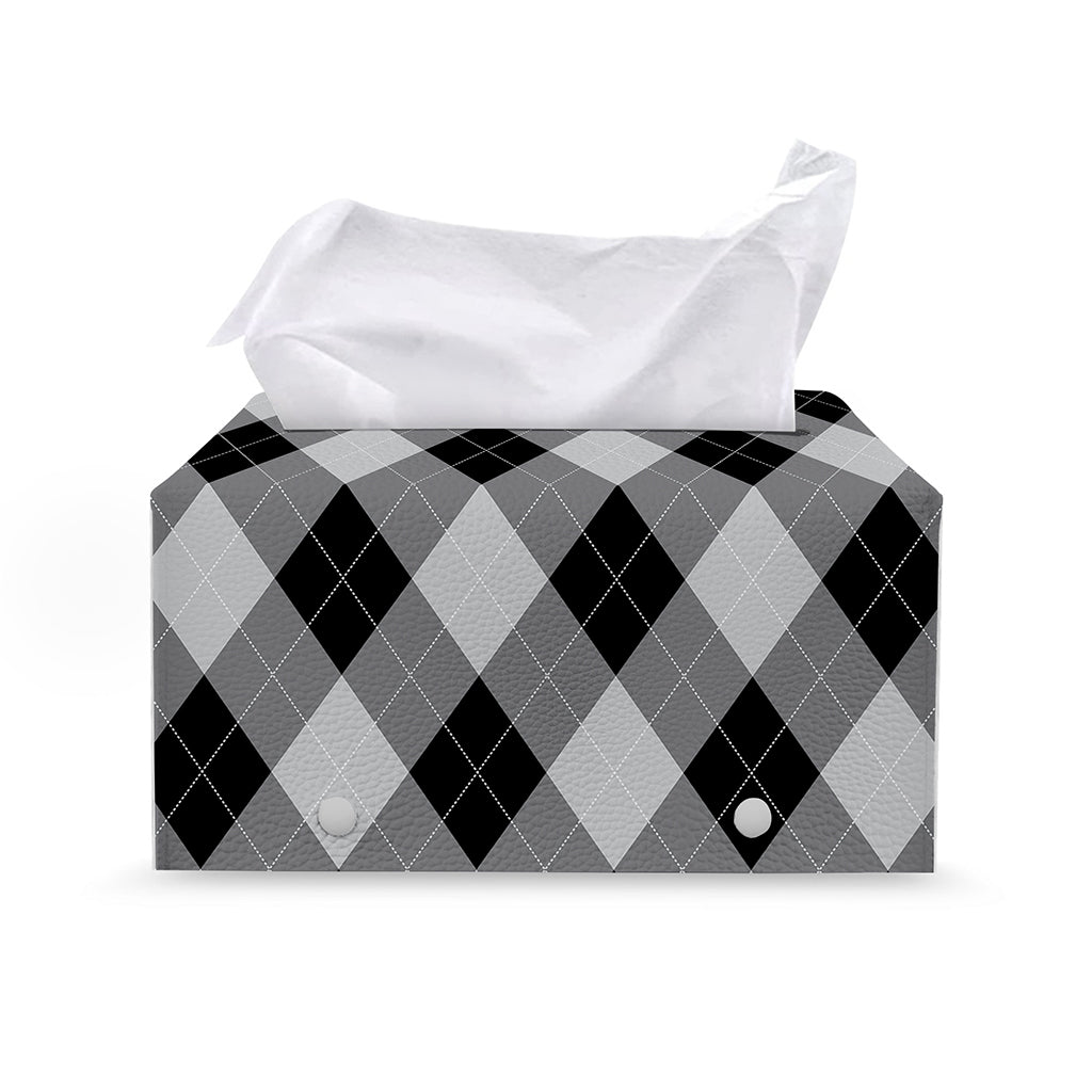 Grey And Black Argyle Pattern Print Leather Tissue Box Cover