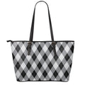 Grey And Black Argyle Pattern Print Leather Tote Bag With Zipper