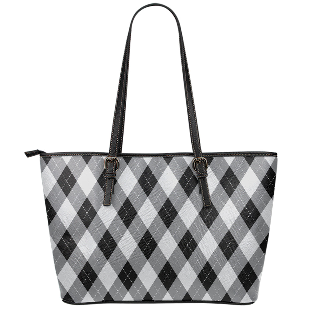 Grey And Black Argyle Pattern Print Leather Tote Bag