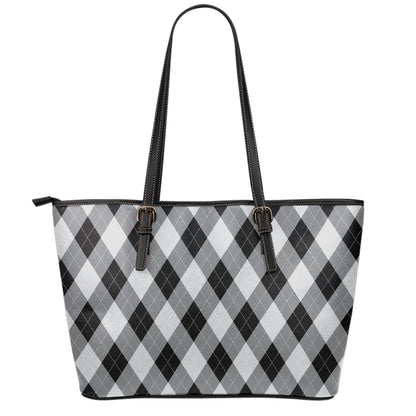 Grey And Black Argyle Pattern Print Leather Tote Bag