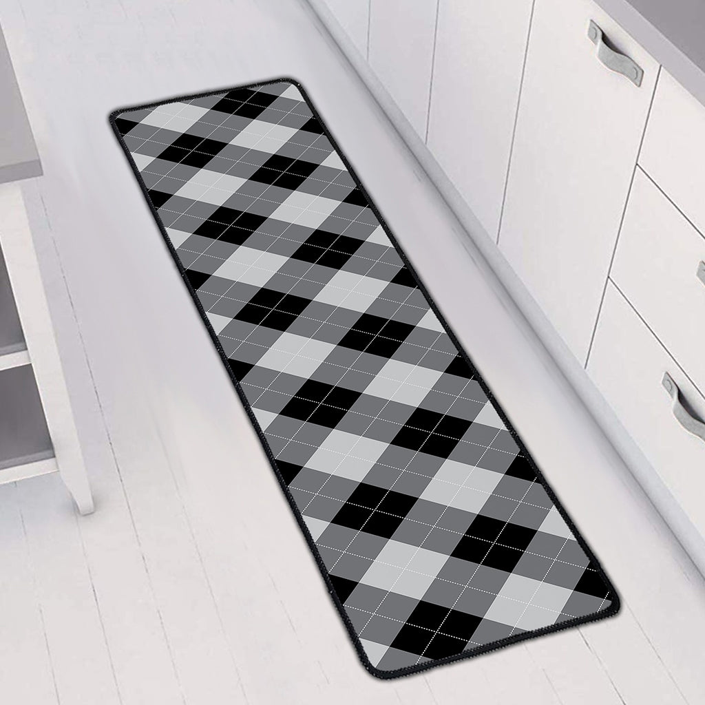 Grey And Black Argyle Pattern Print Long Kitchen Mat