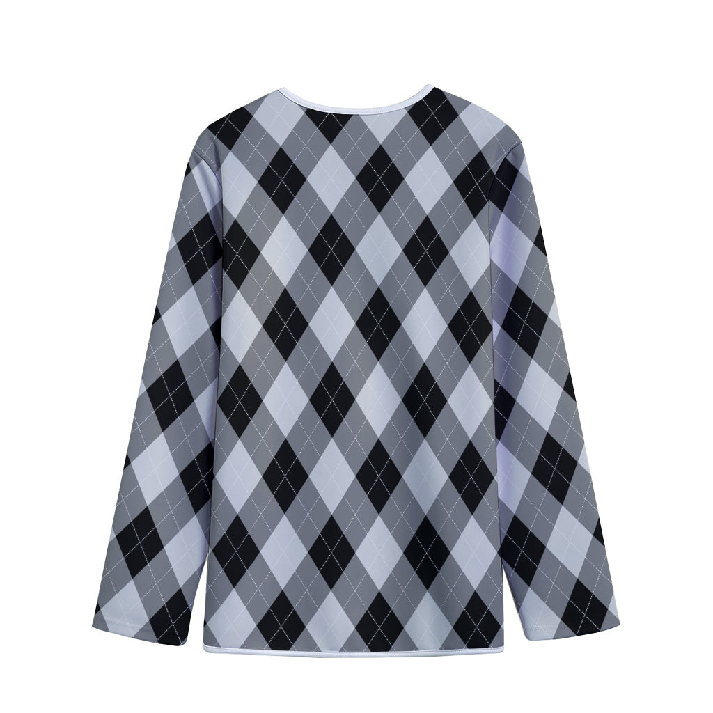Grey And Black Argyle Pattern Print Long Sleeve Short Coat