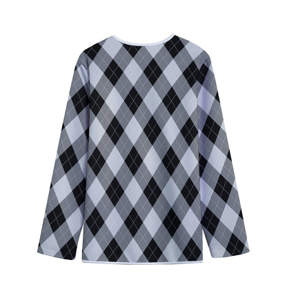 Grey And Black Argyle Pattern Print Long Sleeve Short Coat