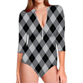 Grey And Black Argyle Pattern Print Long Sleeve Swimsuit