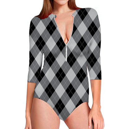 Grey And Black Argyle Pattern Print Long Sleeve Swimsuit