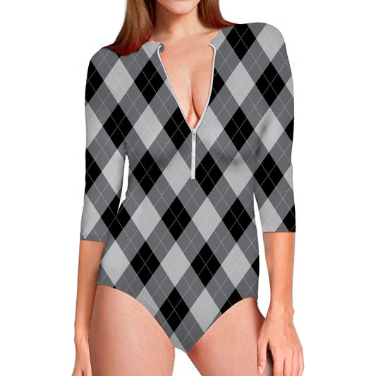 Grey And Black Argyle Pattern Print Long Sleeve Swimsuit