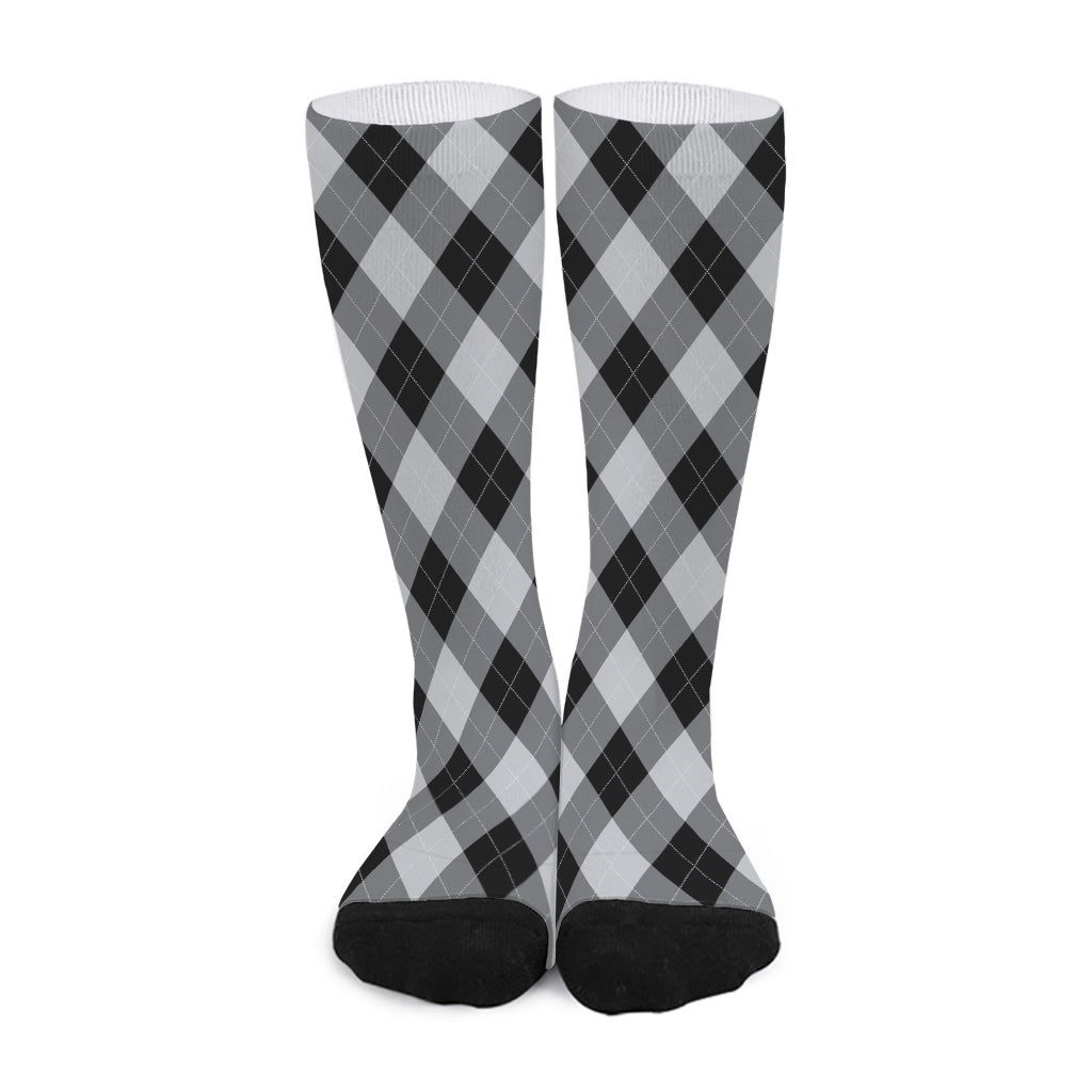 Grey And Black Argyle Pattern Print Long Socks
