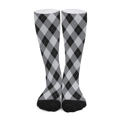 Grey And Black Argyle Pattern Print Long Socks