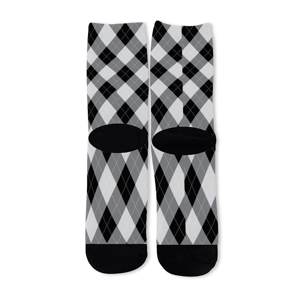 Grey And Black Argyle Pattern Print Long Socks