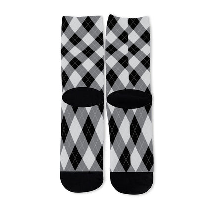 Grey And Black Argyle Pattern Print Long Socks