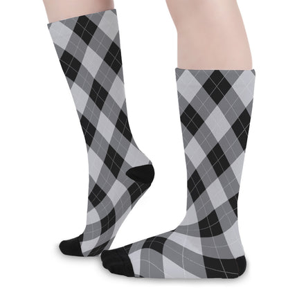 Grey And Black Argyle Pattern Print Long Socks