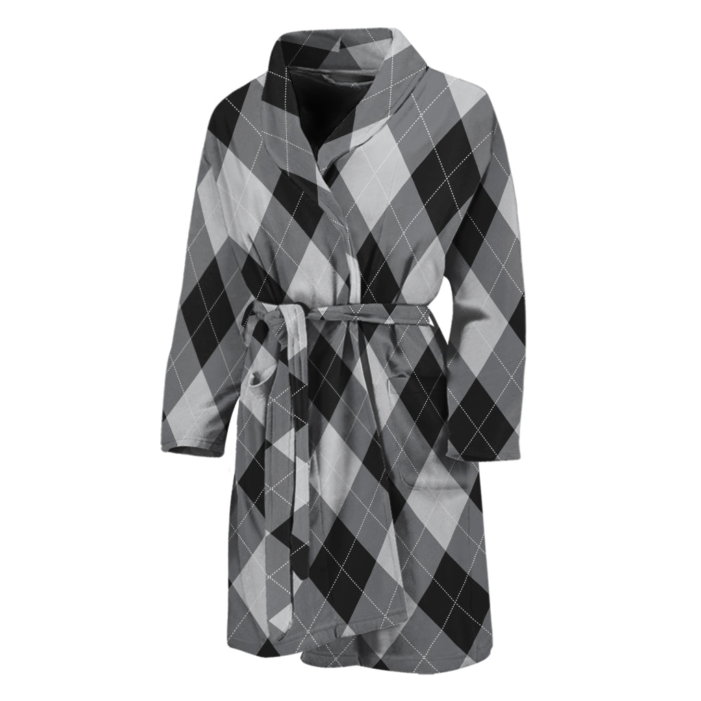 Grey And Black Argyle Pattern Print Men's Bathrobe