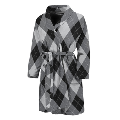 Grey And Black Argyle Pattern Print Men's Bathrobe