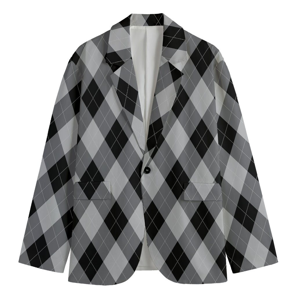 Grey And Black Argyle Pattern Print Men's Blazer