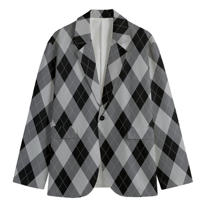 Grey And Black Argyle Pattern Print Men's Blazer