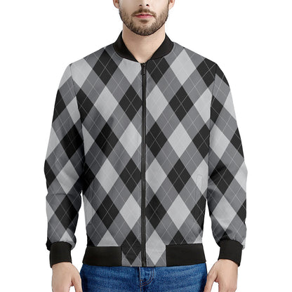Grey And Black Argyle Pattern Print Men's Bomber Jacket