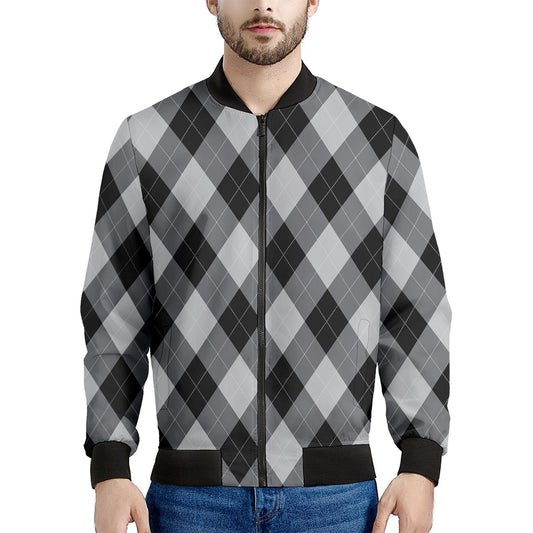 Grey And Black Argyle Pattern Print Men's Bomber Jacket