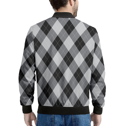 Grey And Black Argyle Pattern Print Men's Bomber Jacket