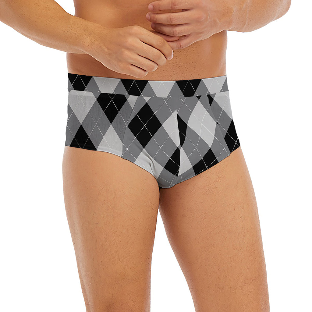 Grey And Black Argyle Pattern Print Men's Briefs