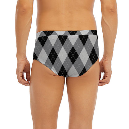 Grey And Black Argyle Pattern Print Men's Briefs