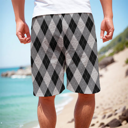Grey And Black Argyle Pattern Print Men's Cargo Shorts