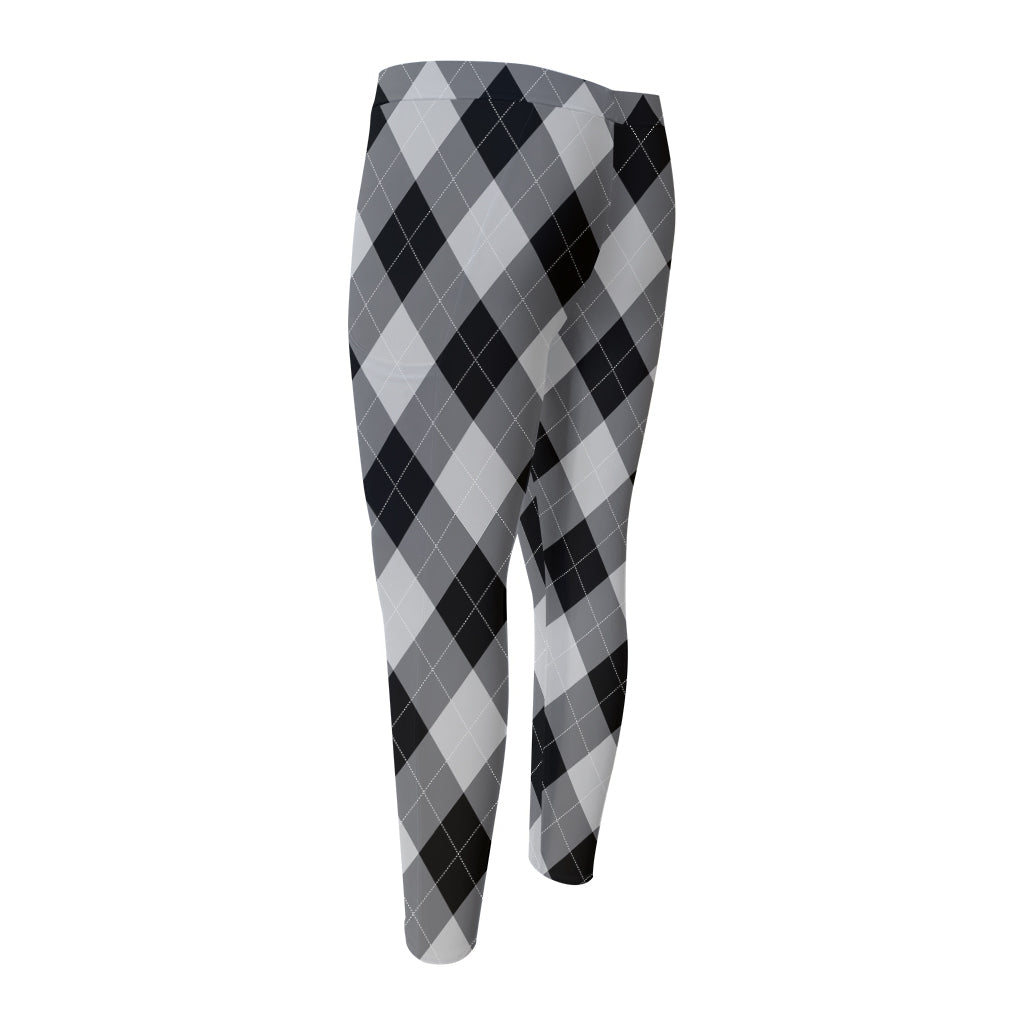 Grey And Black Argyle Pattern Print Men's Compression Pants