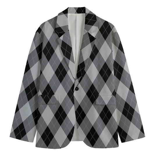 Grey And Black Argyle Pattern Print Men's Cotton Blazer