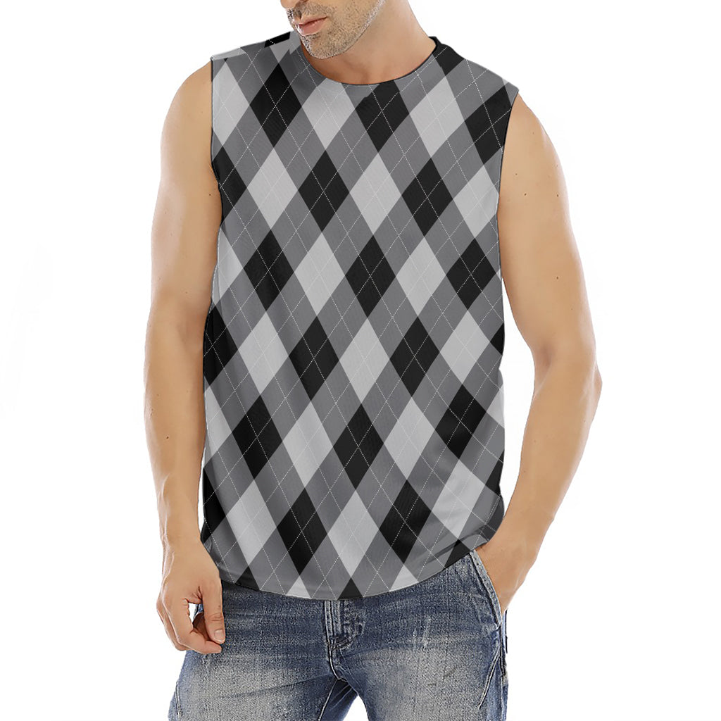 Grey And Black Argyle Pattern Print Men's Fitness Tank Top