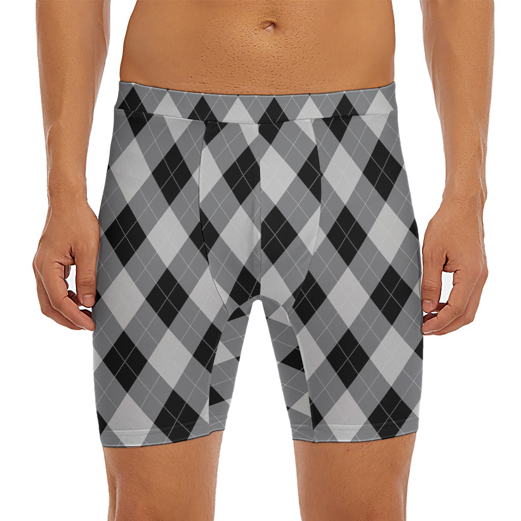 Grey And Black Argyle Pattern Print Men's Long Boxer Briefs