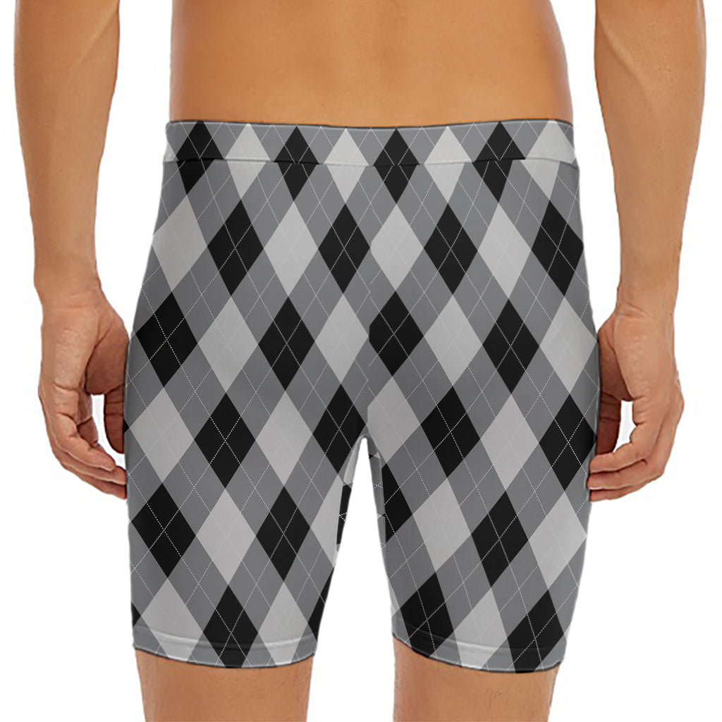 Grey And Black Argyle Pattern Print Men's Long Boxer Briefs