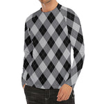 Grey And Black Argyle Pattern Print Men's Long Sleeve Rash Guard