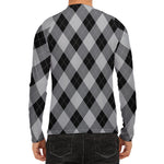 Grey And Black Argyle Pattern Print Men's Long Sleeve Rash Guard