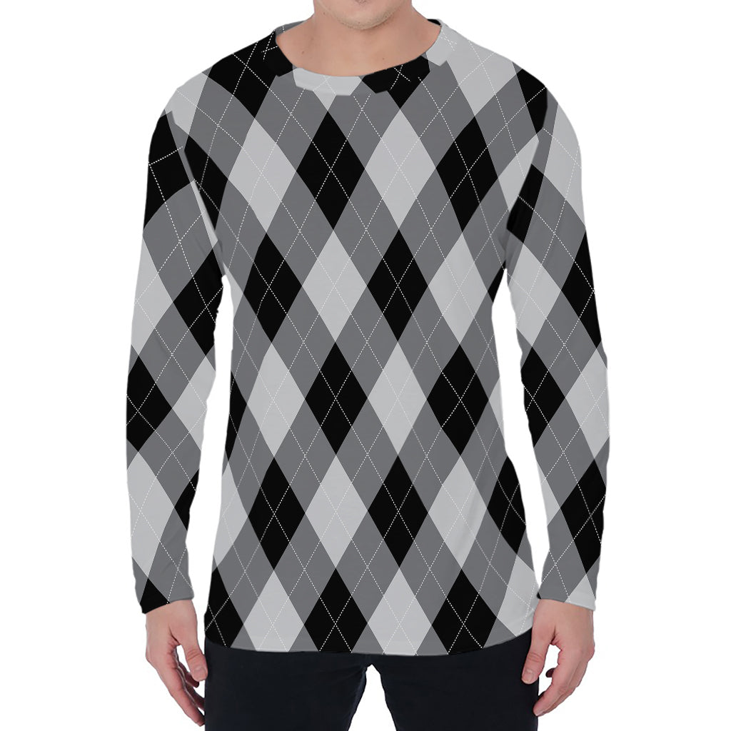 Grey And Black Argyle Pattern Print Men's Long Sleeve T-Shirt