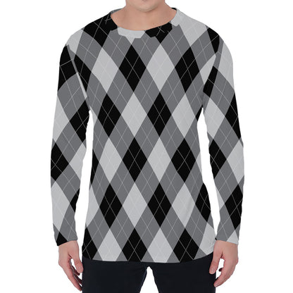 Grey And Black Argyle Pattern Print Men's Long Sleeve T-Shirt