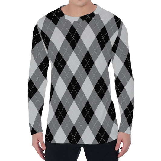 Grey And Black Argyle Pattern Print Men's Long Sleeve T-Shirt